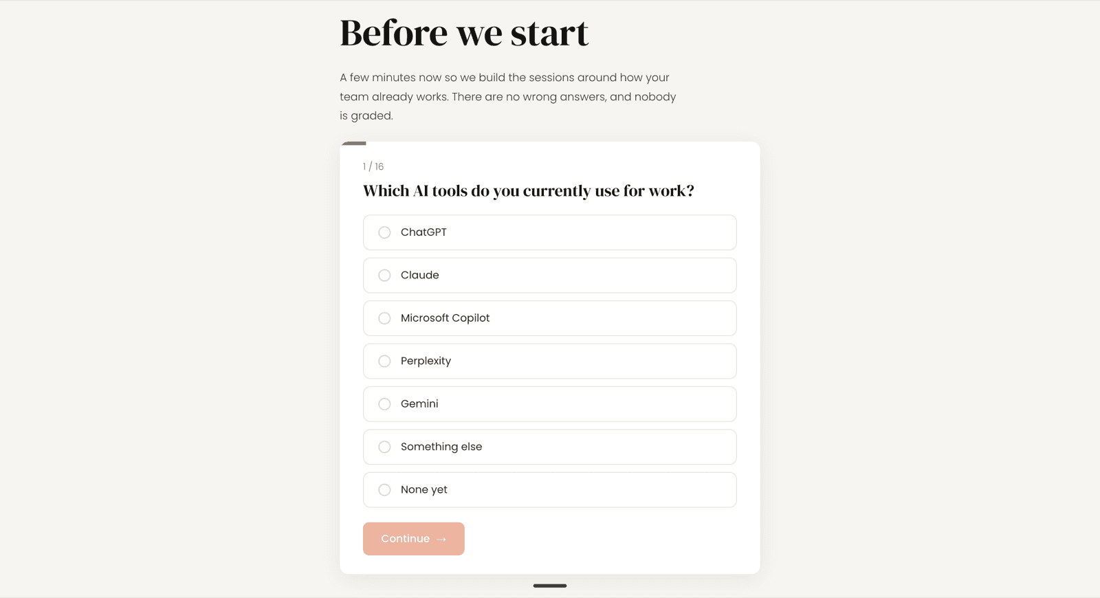 The skills assessment on the client portal — a multiple-choice question asking which AI tools the team currently uses for work